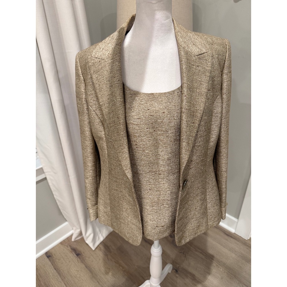 Kasper Women 8 Metallic Gold 3 Piece Suit Blazer Shell Pants Set Professional